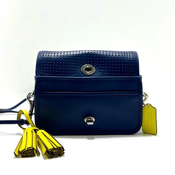 COACH Legacy Penny Blue Perforated Crossbody With Turnlock and Yellow Tassels - Picture 7 of 10